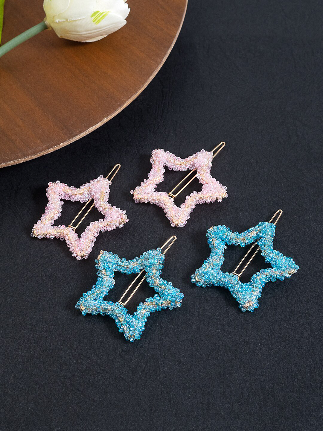 Golden Peacock Women Set Of 4 Embellished Star Bobby Pins, Turquoise blue 
Golden Peacock Women Set Of 4 Embellished Star Bobby Pins, Turquoise blue
