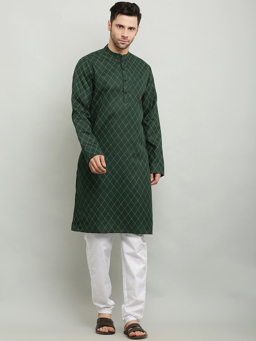 Waahiba Men Olive Green Printed Kurta with Pyjamas