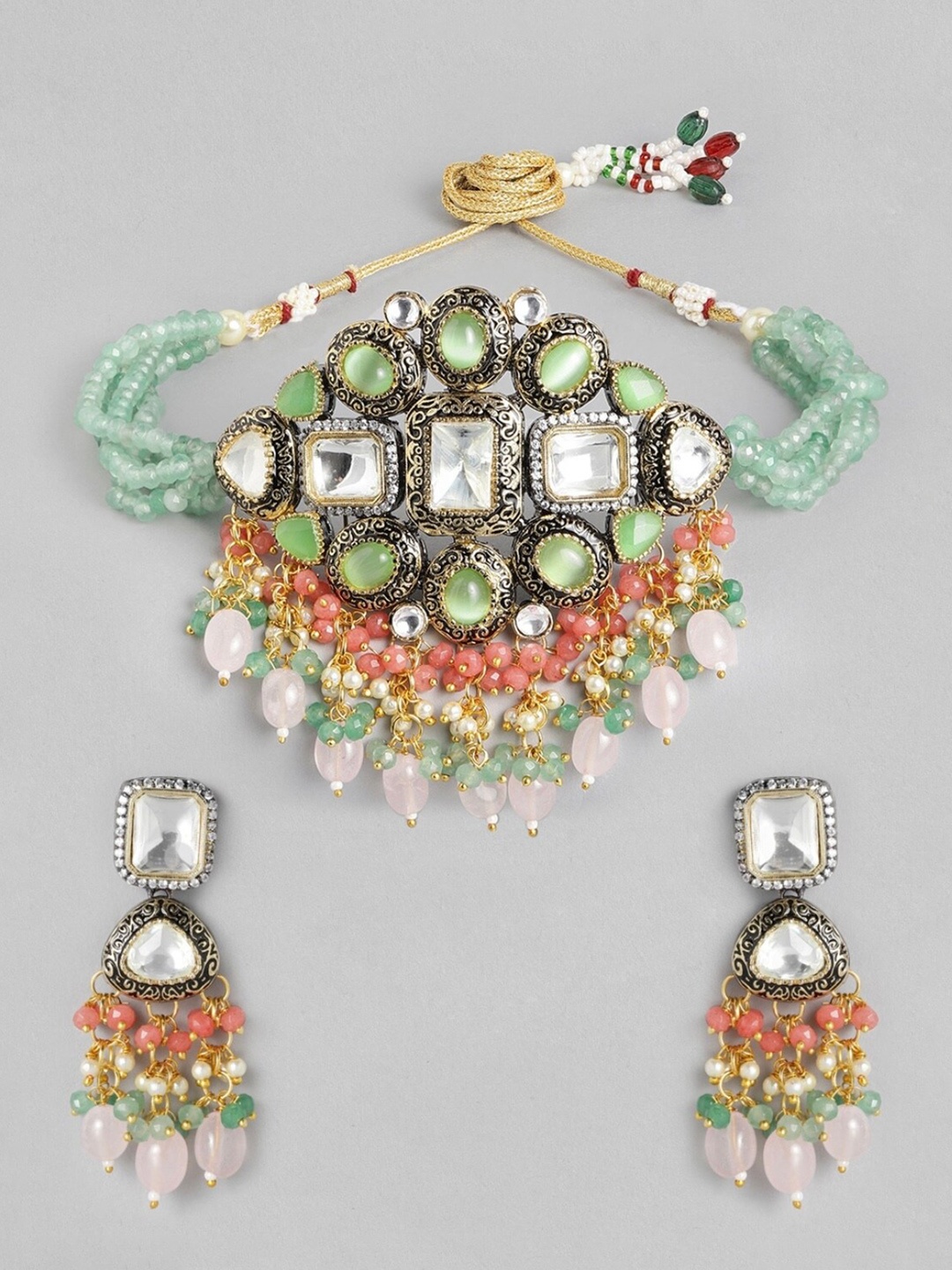 justpeachy Stone-Studded & Beaded Jewellery Set, Gold