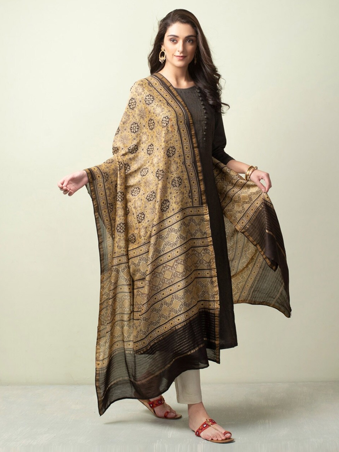 Fabindia Printed Cotton Silk Dupatta, Beige