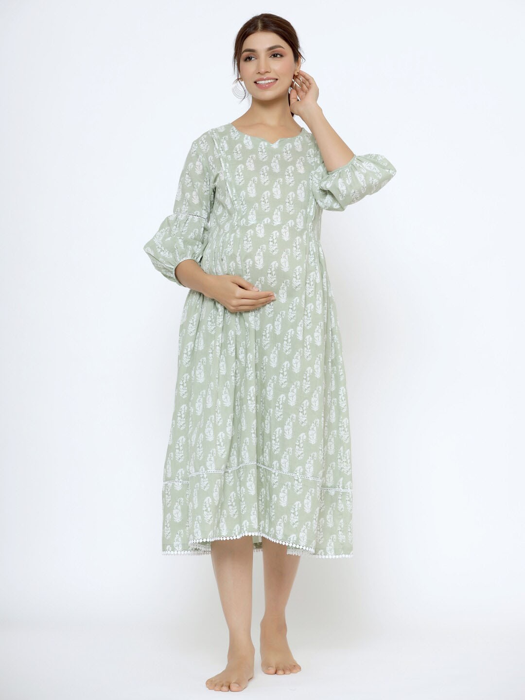 Ikk Kudi by Seerat Ethnic Motifs Printed Maternity A-Line Midi Pure Cotton Dress, Sea green
Ikk Kudi by Seerat Ethnic Motifs Printed Maternity A-Line Midi Pure Cotton Dress, Sea green