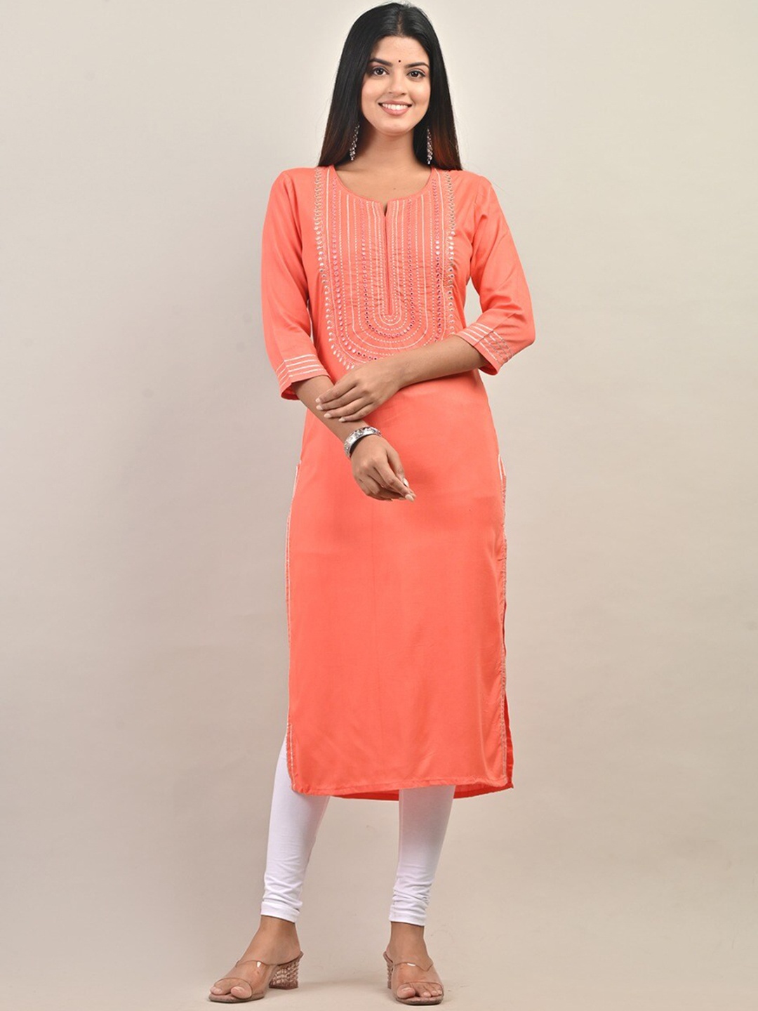 Swasti Three-Quarter Sleeves Geometric Yoke Design Mirror Work Pure Cotton Kurta, Peach
Swasti Three-Quarter Sleeves Geometric Yoke Design Mirror Work Pure Cotton Kurta, Peach