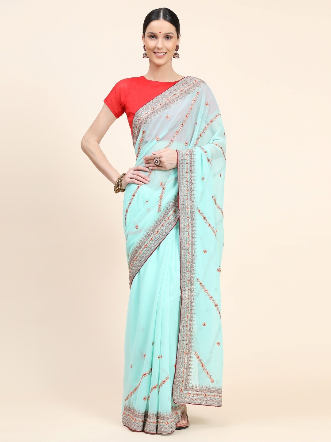 Ambuja International Floral Pure Georgette Saree, Blue