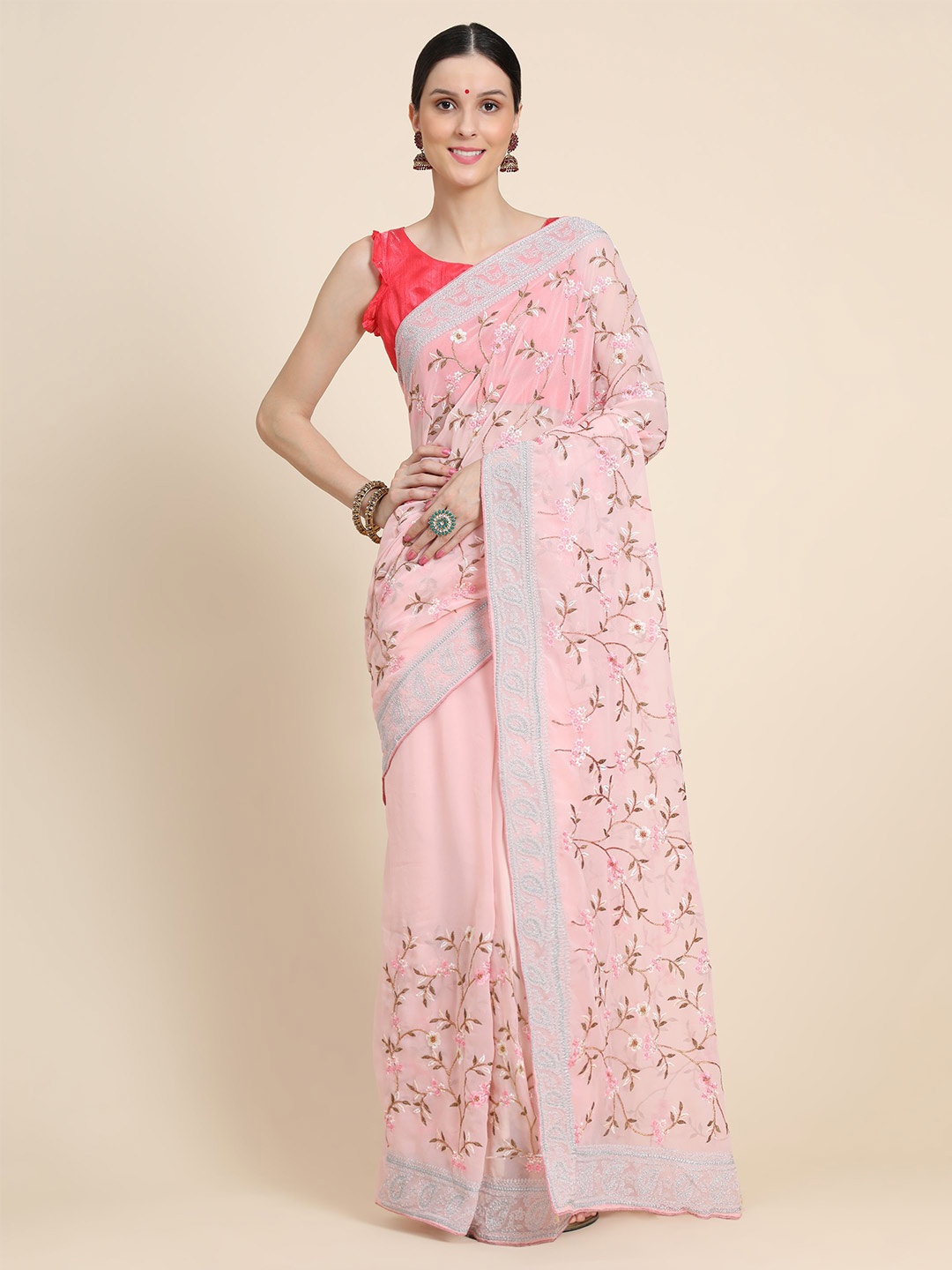 Vastrasky Global Pink & White Floral Embroidered Pure Silk Mysore Silk Saree