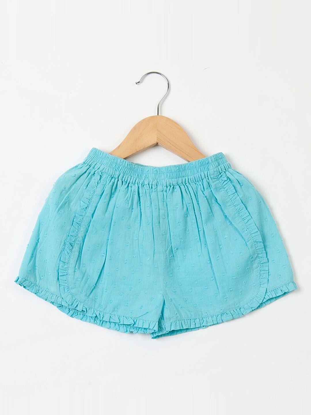 Fabindia Girls Swiss Dot Cotton Shorts, Turquoise blue