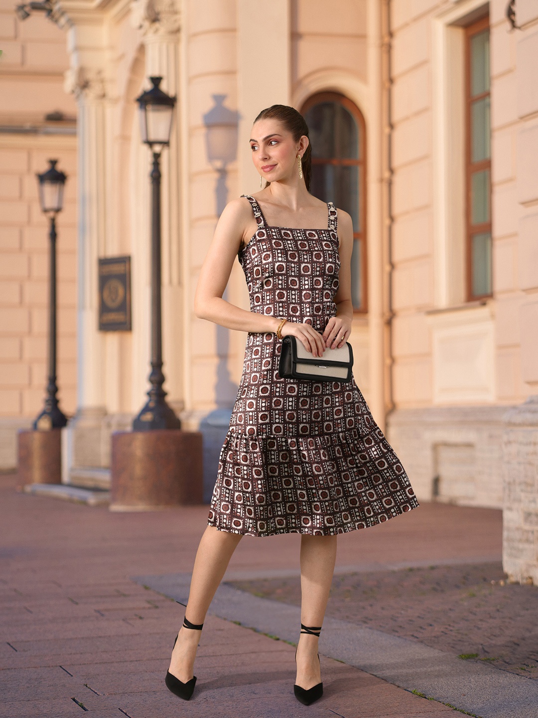 all about you Faux Shell Studded Printed Satin Finish A-Line Midi Dress, Coffee brown
all about you Faux Shell Studded Printed Satin Finish A-Line Midi Dress, Coffee brown