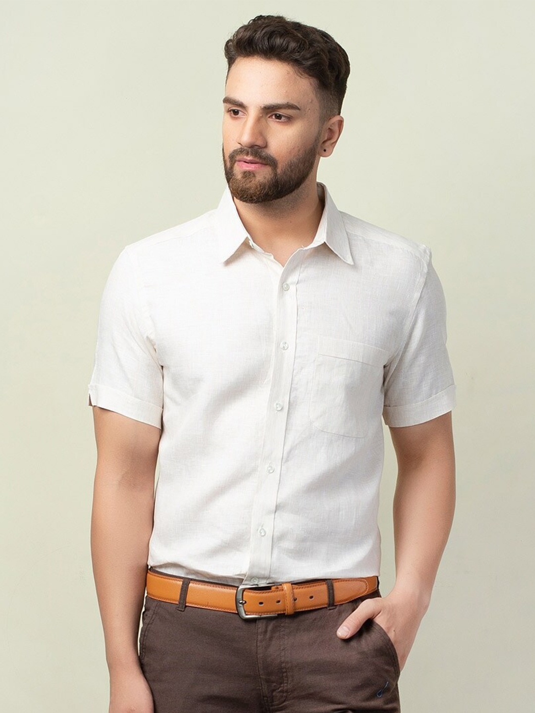 Fabindia Men Comfort Linen Casual Shirt, Beige