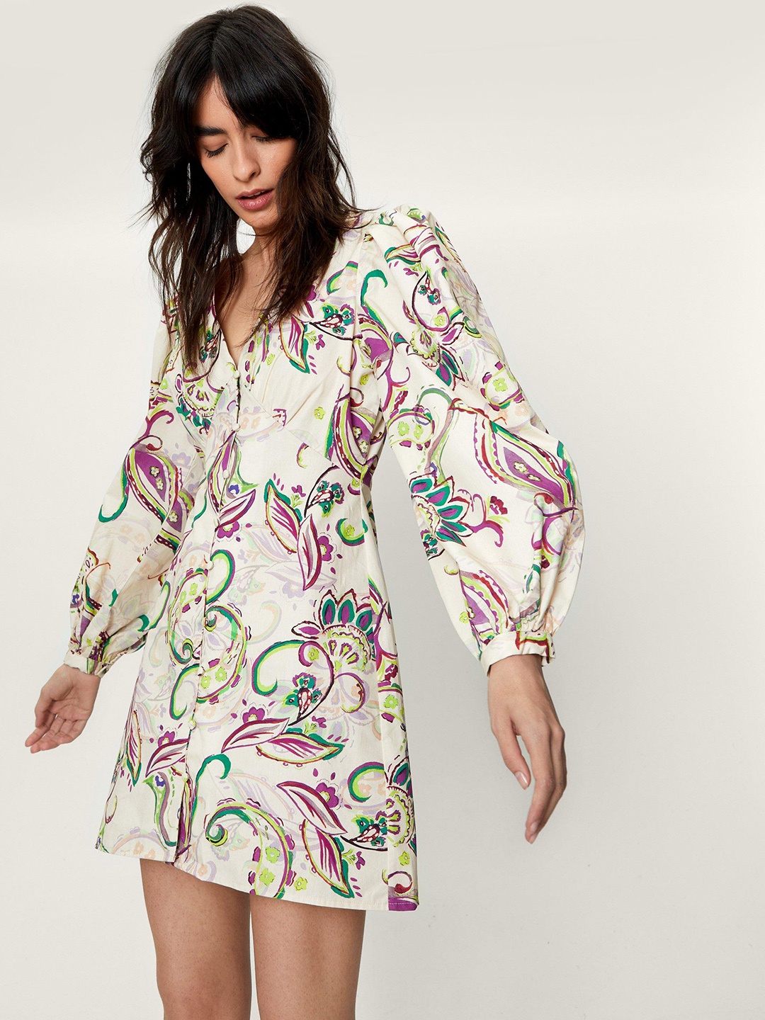 NASTY GAL Floral Print Pure Cotton A-Line Mini Dress, Off white