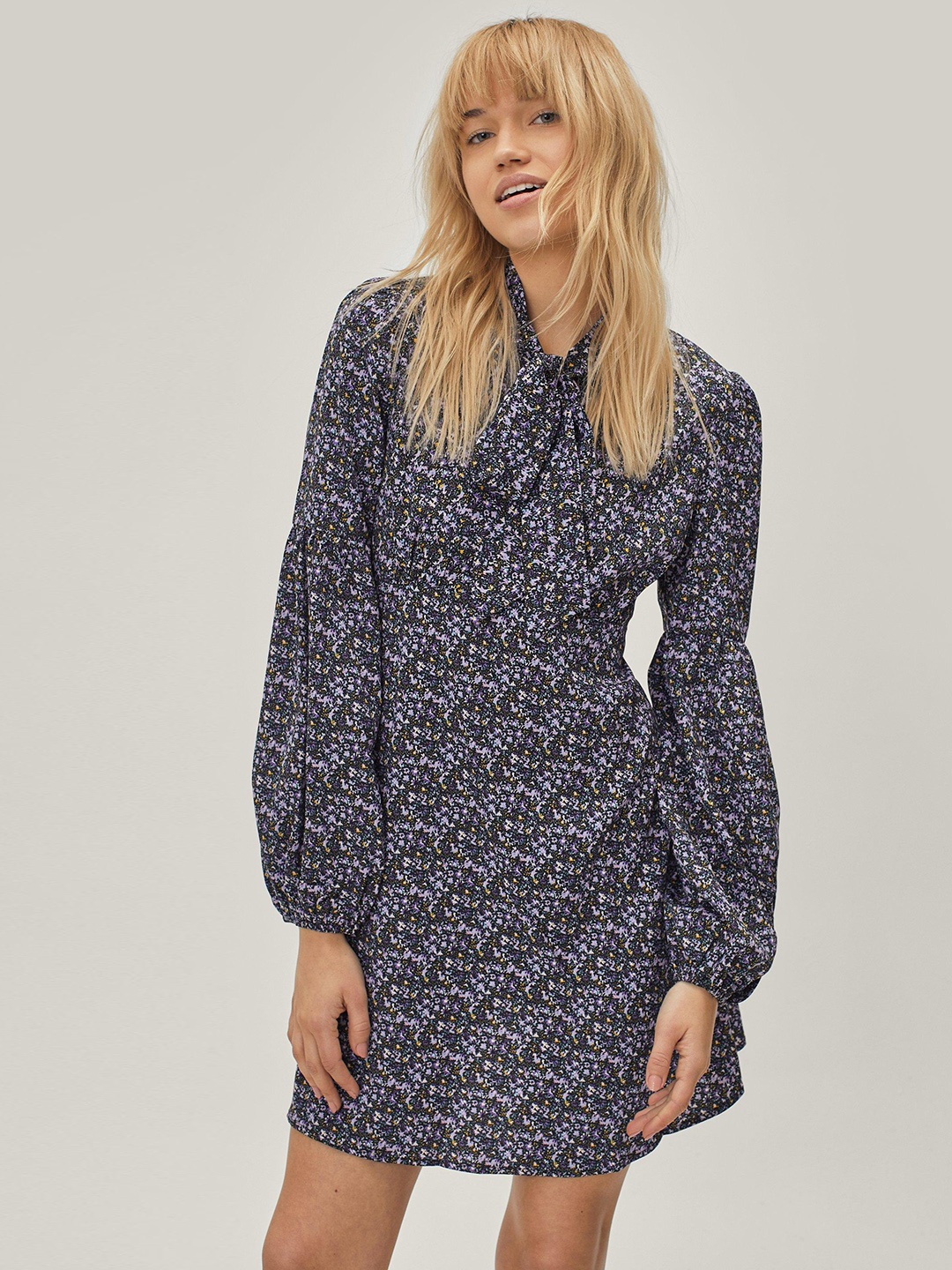 NASTY GAL Floral Tie-Up Neck A-Line Mini Dress, Navy blue