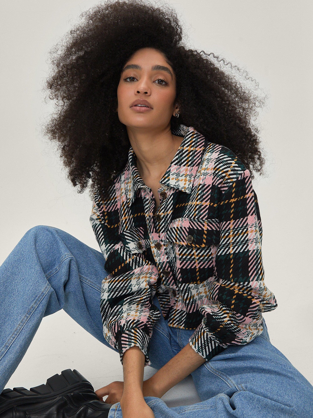 NASTY GAL Women Tartan Checked Casual Shirt, White