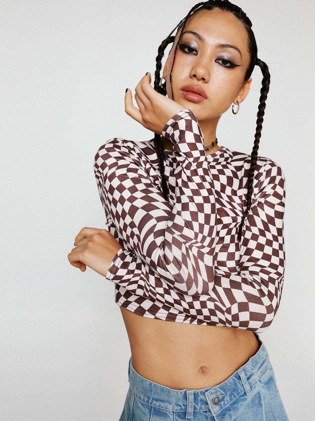 NASTY GAL Checked Mandarin Collar Crop Top, Coffee brown