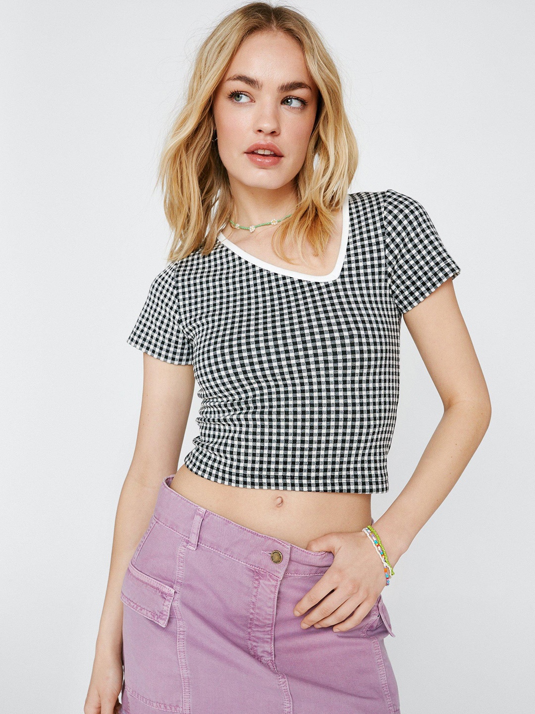 NASTY GAL Checked Asymmetric V-Neck Crop Top, White