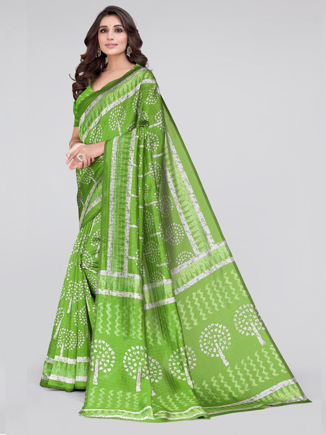 KALINI Ethnic Motifs Block Print Saree, Green