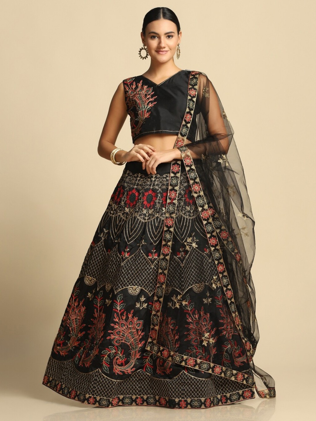 Atsevam Embroidered Thread Work Semi-Stitched Lehenga & Unstitched Blouse With Dupatta, Black
Atsevam Embroidered Thread Work Semi-Stitched Lehenga & Unstitched Blouse With Dupatta, Black