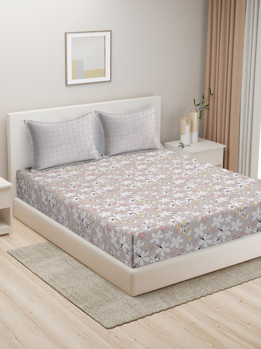 HOSTA HOMES Beige & White Floral 280 TC King Pure Cotton Bedsheet with 2 Pillow Covers
HOSTA HOMES Beige & White Floral 280 TC King Pure Cotton Bedsheet with 2 Pillow Covers