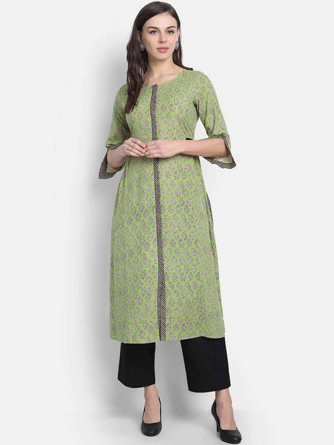 fabGLOBAL Ethnic Motifs Printed Round Neck Cotton Kurta, Green