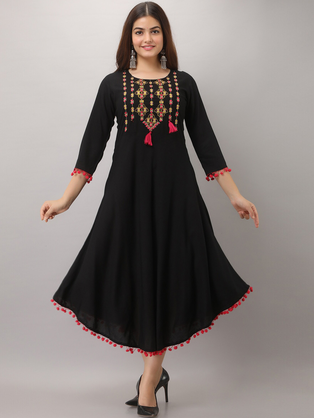 GULMOHAR JAIPUR Round Neck Embroidered A-Line Ethnic Dress, Black 
GULMOHAR JAIPUR Round Neck Embroidered A-Line Ethnic Dress, Black