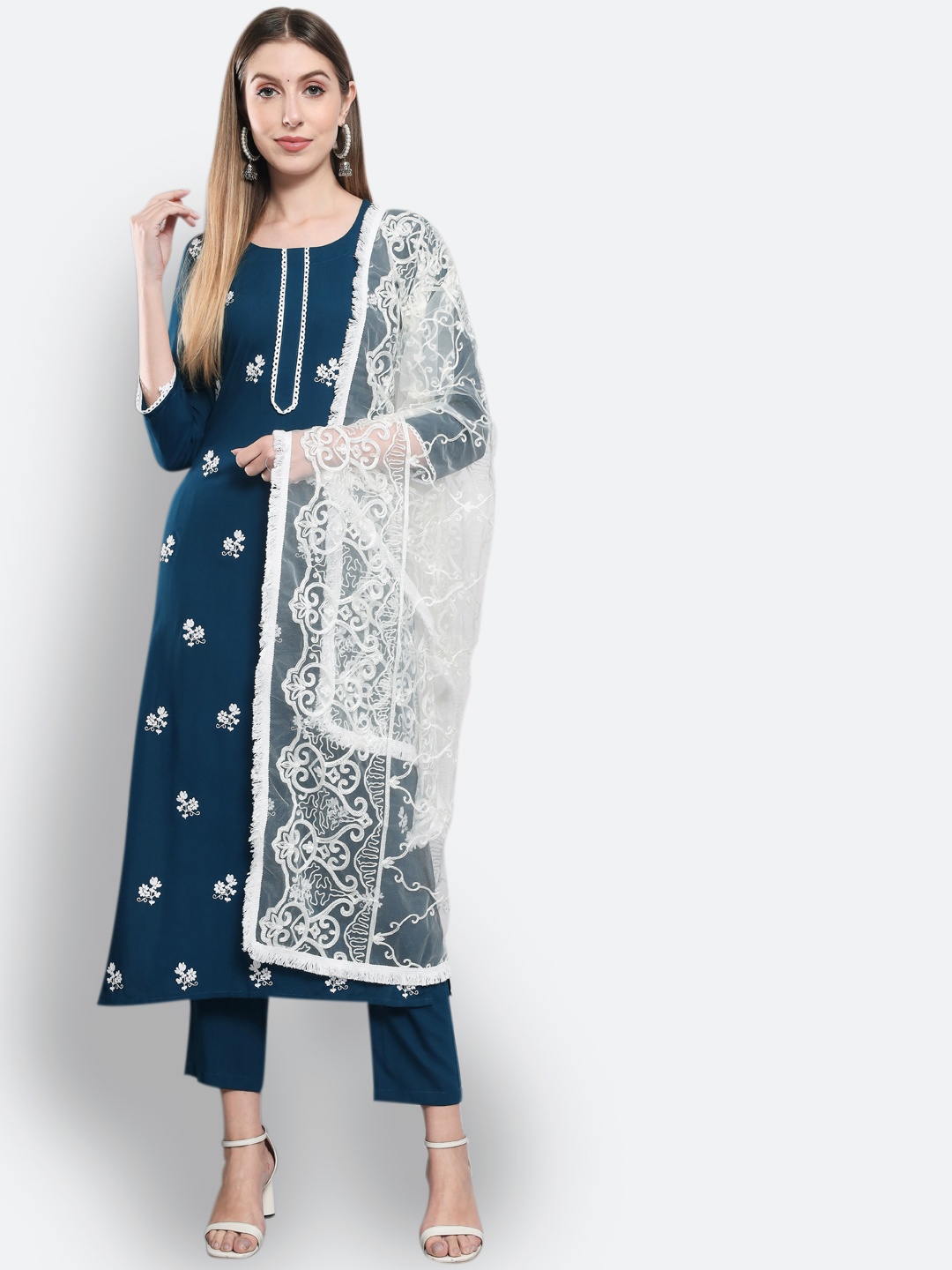 KALINI Floral Embroidered Thread Work Kurta with Trousers & With Dupatta, Teal