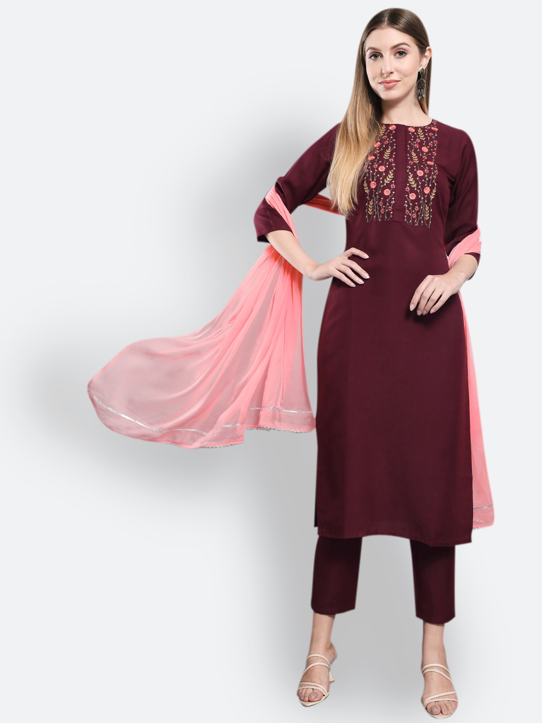 KALINI Floral Embroidered Thread Work Kurta with Trousers & With Dupatta, Burgundy
KALINI Floral Embroidered Thread Work Kurta with Trousers & With Dupatta, Burgundy