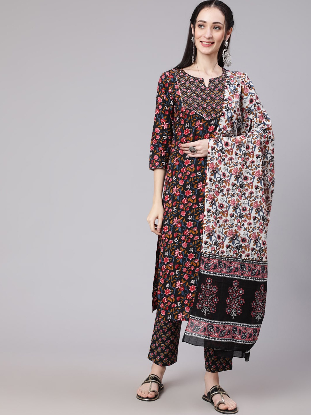 THE NKS PLUS Women Floral Yoke Design Pure Cotton Kurta with Trousers & Dupatta, Black
THE NKS PLUS Women Floral Yoke Design Pure Cotton Kurta with Trousers & Dupatta, Black