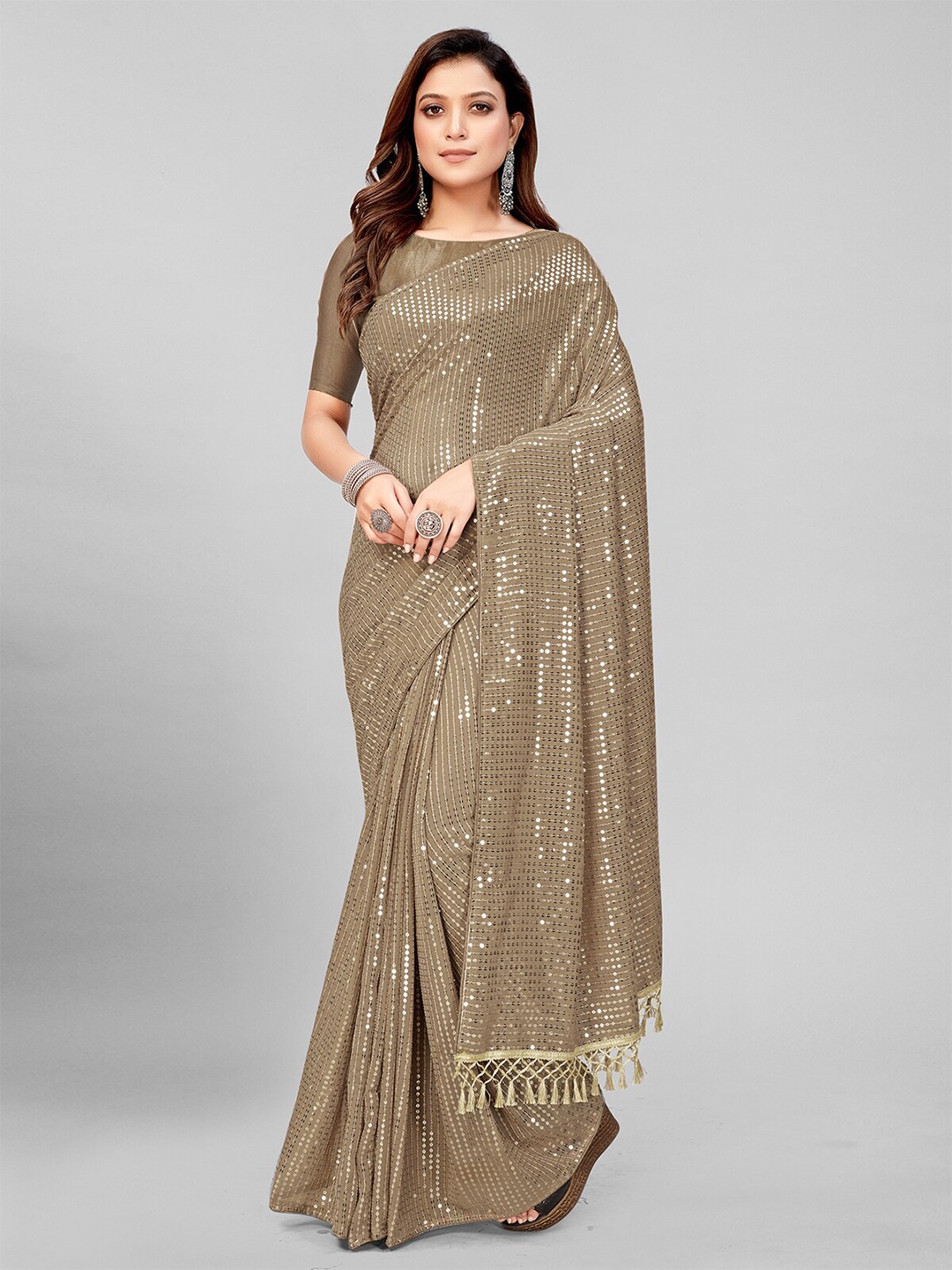 Granthva Fab Embellished Sequinned Pure Georgette Saree, Beige