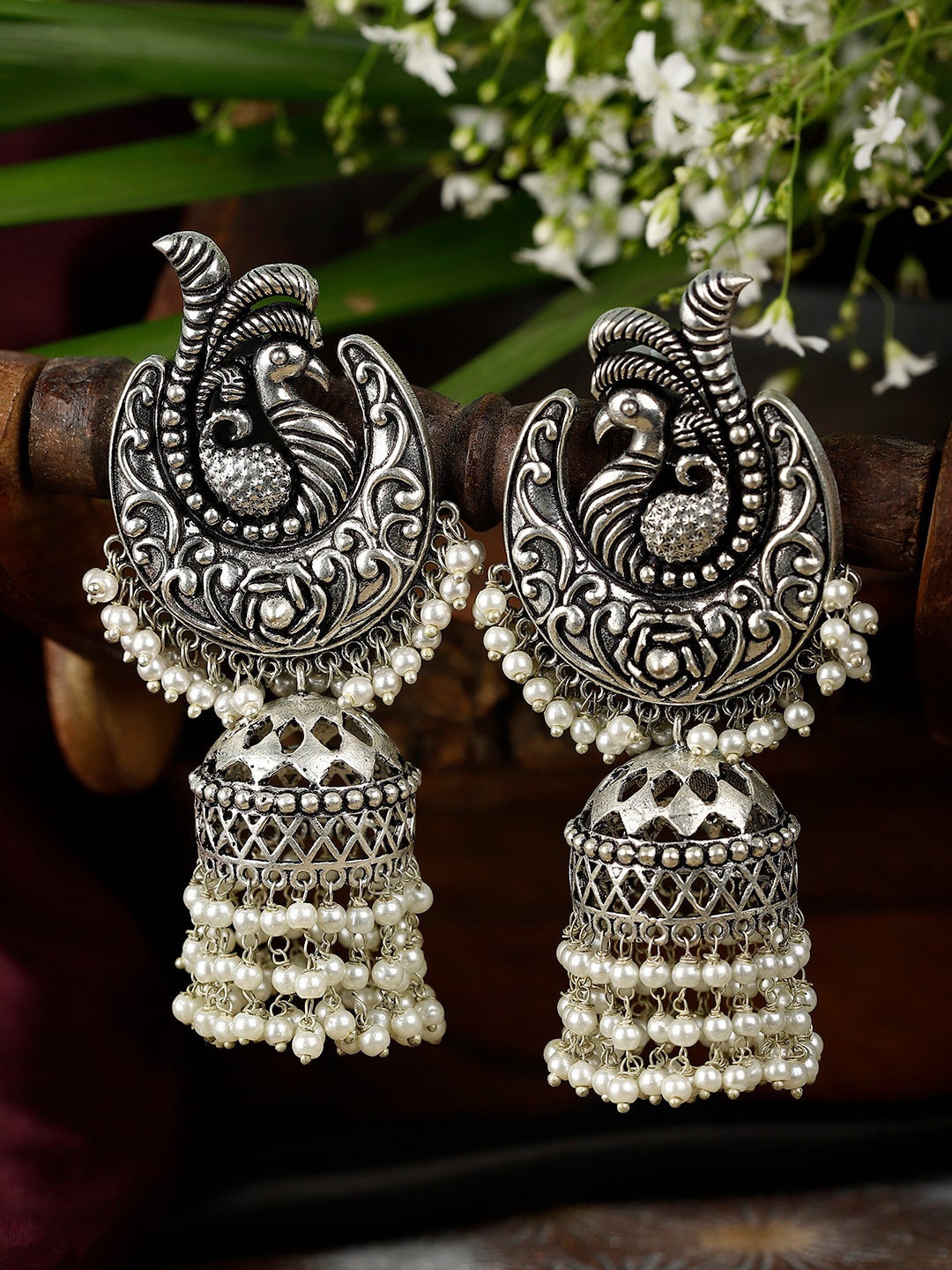 XAGO Silver-Plated Peacock Shaped Jhumkas Earrings, White