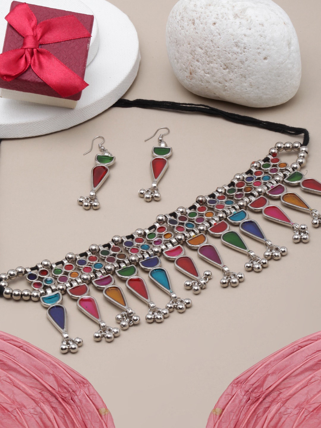 DIVA WALK Silver-Plated Stone-Studded & Beaded Jewellery Set