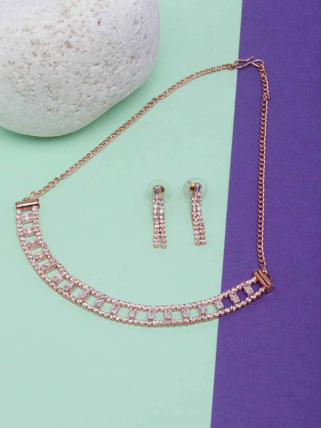 DIVA WALK Rose Gold-Plated CZ Studded Jewellery Set