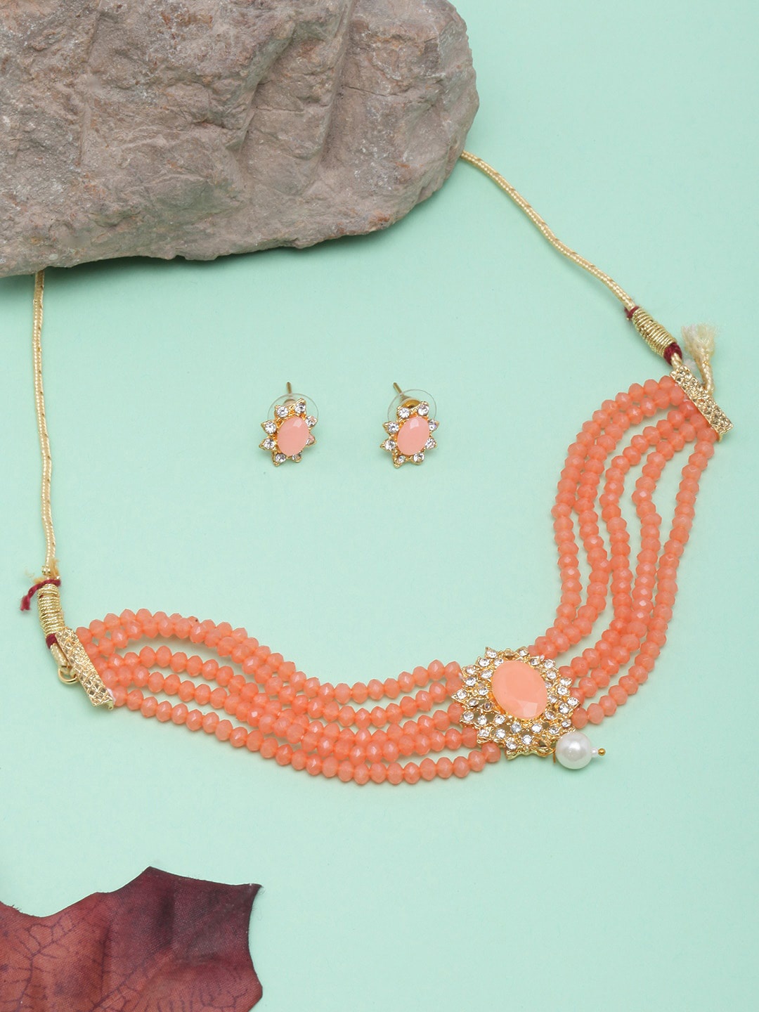 DIVA WALK Gold-Plated Stone Studded & Beaded Jewellery Set