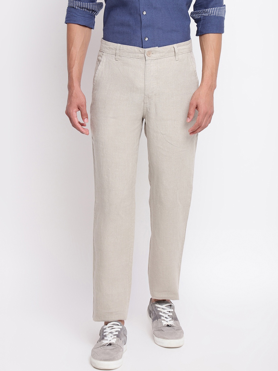 Fabindia Men Relaxed Slim Fit Linen Trousers, Beige