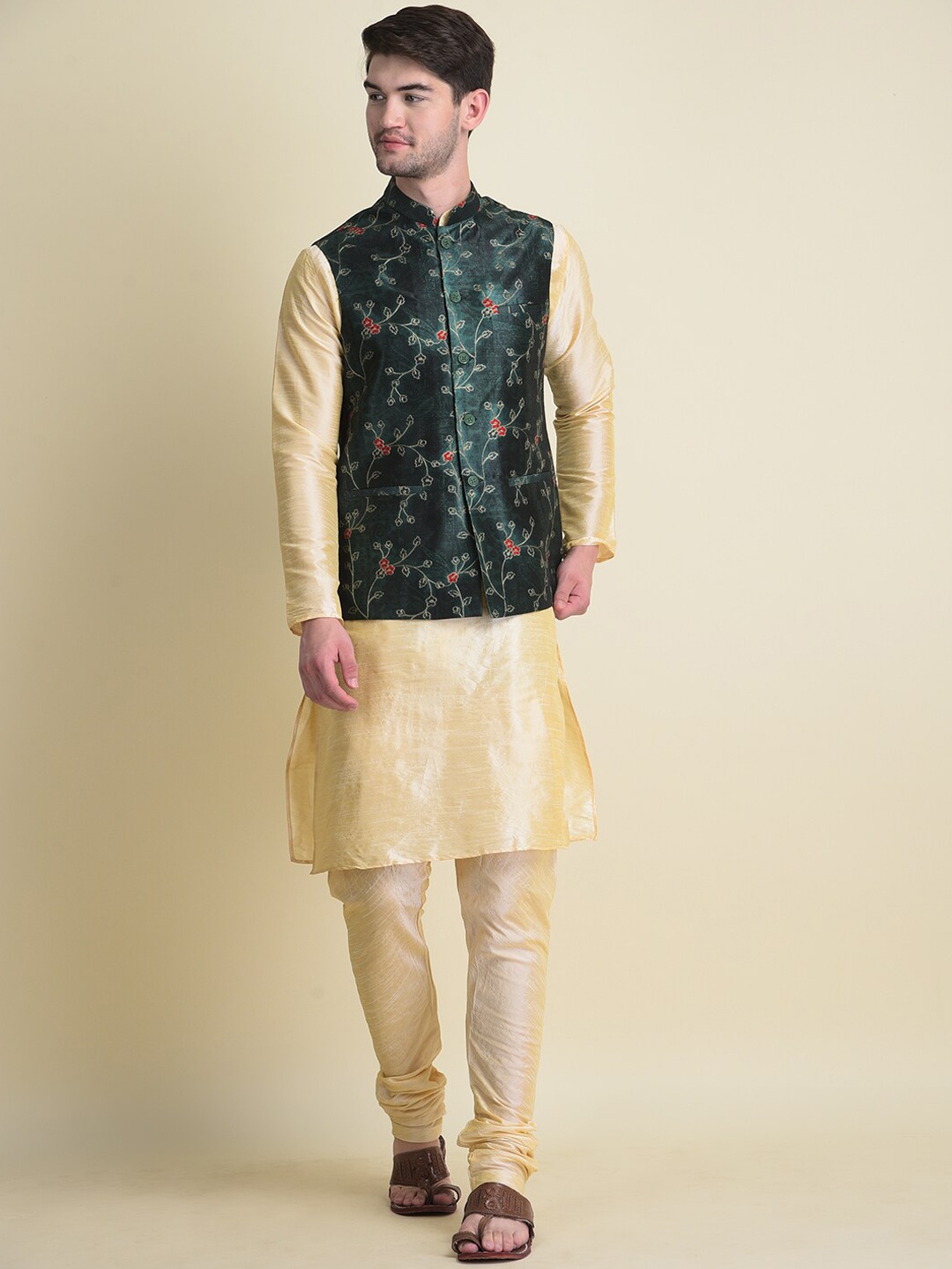 NAMASKAR Men Dupion Silk Straight Kurta with Churidar & With Embroidered Nehru jacket, Gold
NAMASKAR Men Dupion Silk Straight Kurta with Churidar & With Embroidered Nehru jacket, Gold