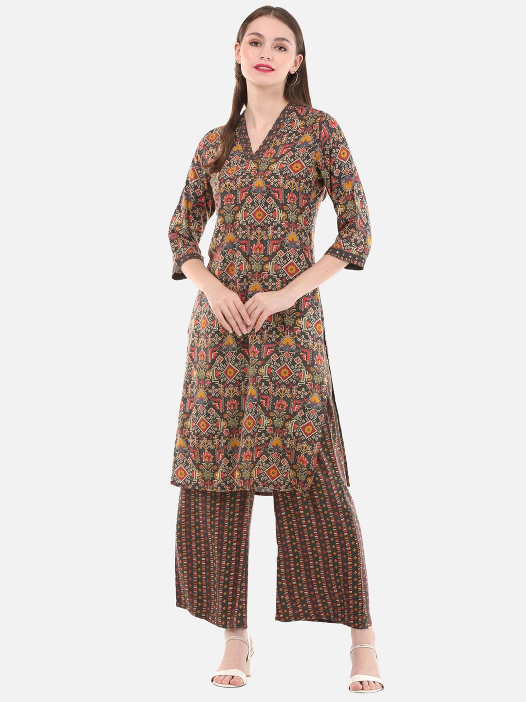 Shopping Queen Women Brown Printed Kurta with Palazzos