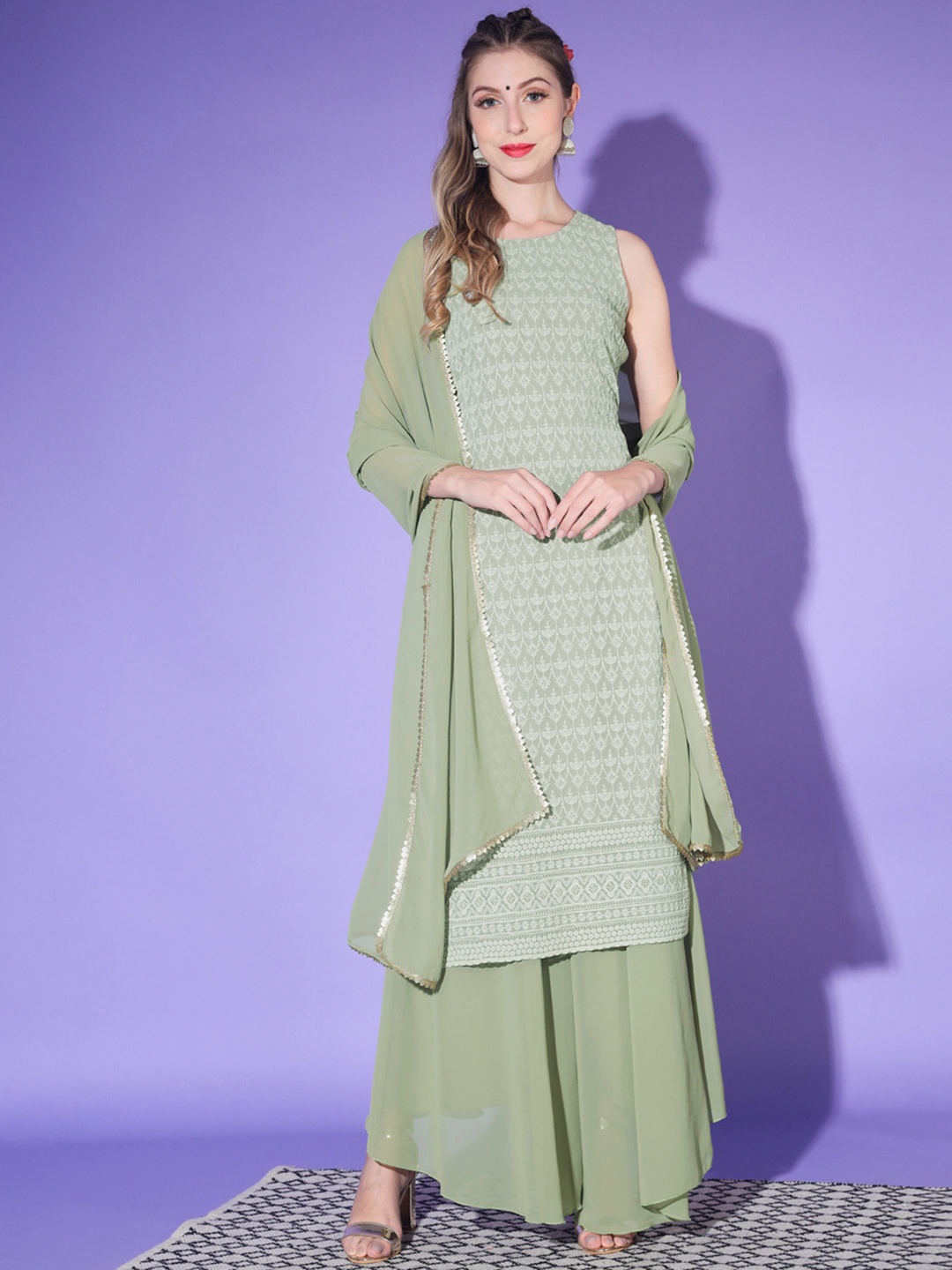 Shopping Queen Women Green Floral Embroidered Chikankari Kurta with Palazzos & Dupatta
Shopping Queen Women Green Floral Embroidered Chikankari Kurta with Palazzos & Dupatta