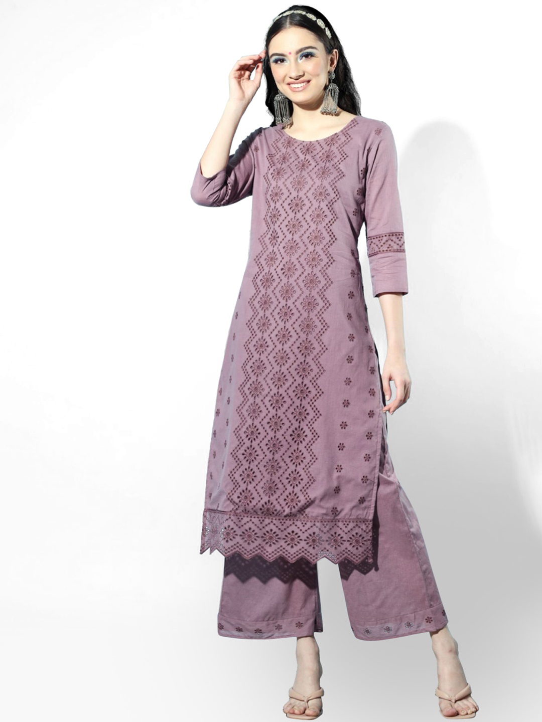 Shopping Queen Women Ethnic Motifs Embroidered Chikankari Pure Cotton Kurta with Palazzos, Mauve