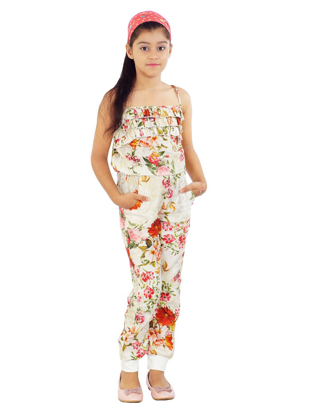 Naughty Ninos Girls Printed Basic Jumpsuit with Ruffles, Off white