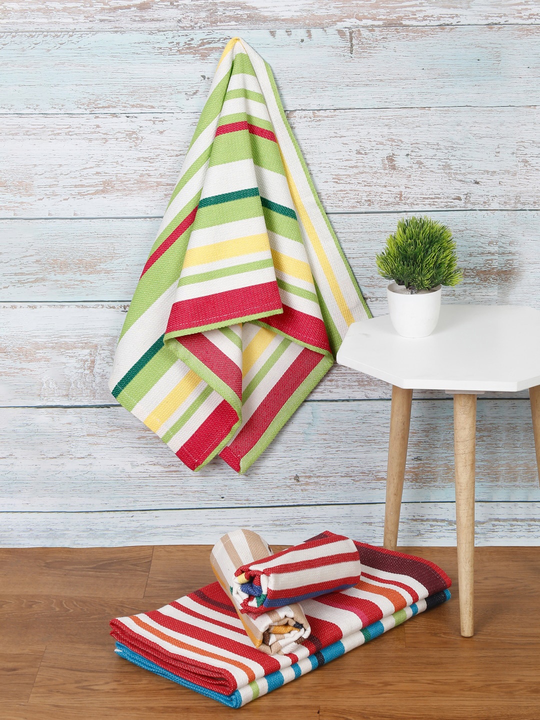 KLOTTHE Set Of 5 Striped Patterned Cotton 300 GSM Hand Towels, White
