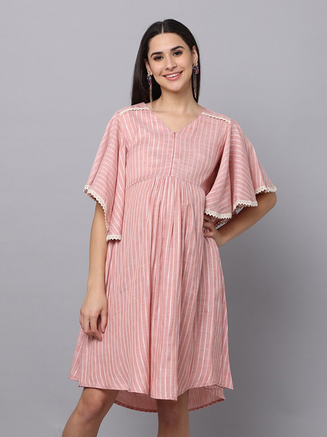 The Mom Store Striped Maternity Cotton A-Line Dress, Pink