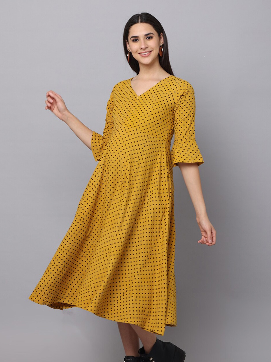 The Mom Store Polka Dots Maternity Cotton Midi Dress, Mustard