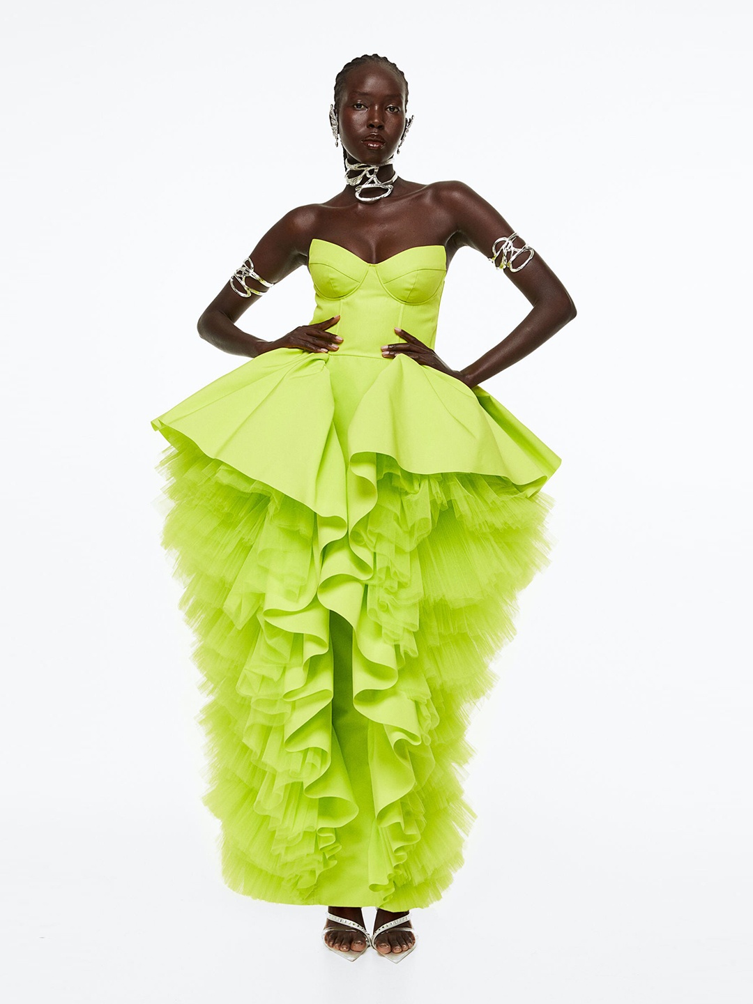 H&M Women Flounced Evening Dress, Lime green