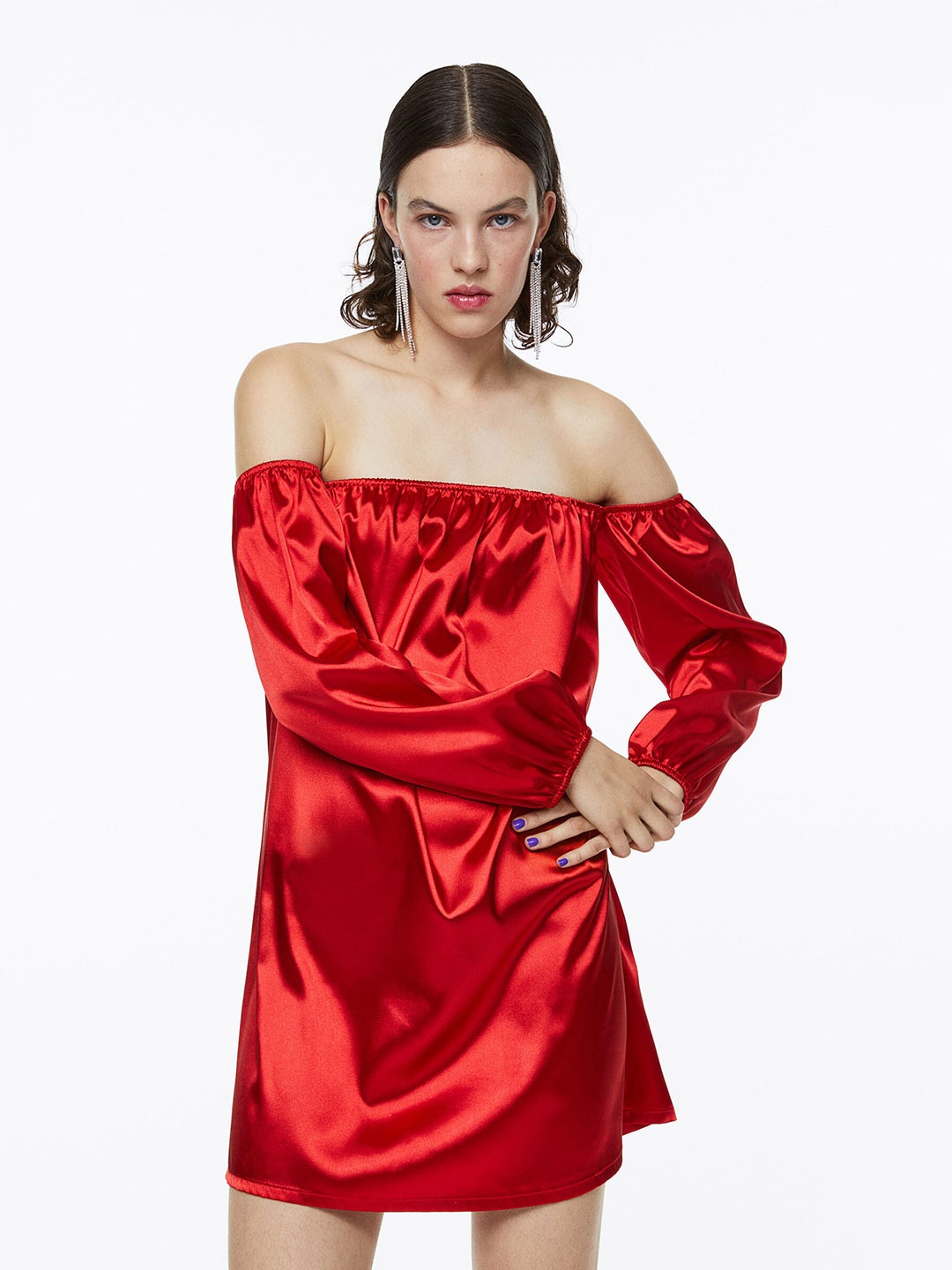 H&M Women Off-The-Shoulder Satin Dress, Red