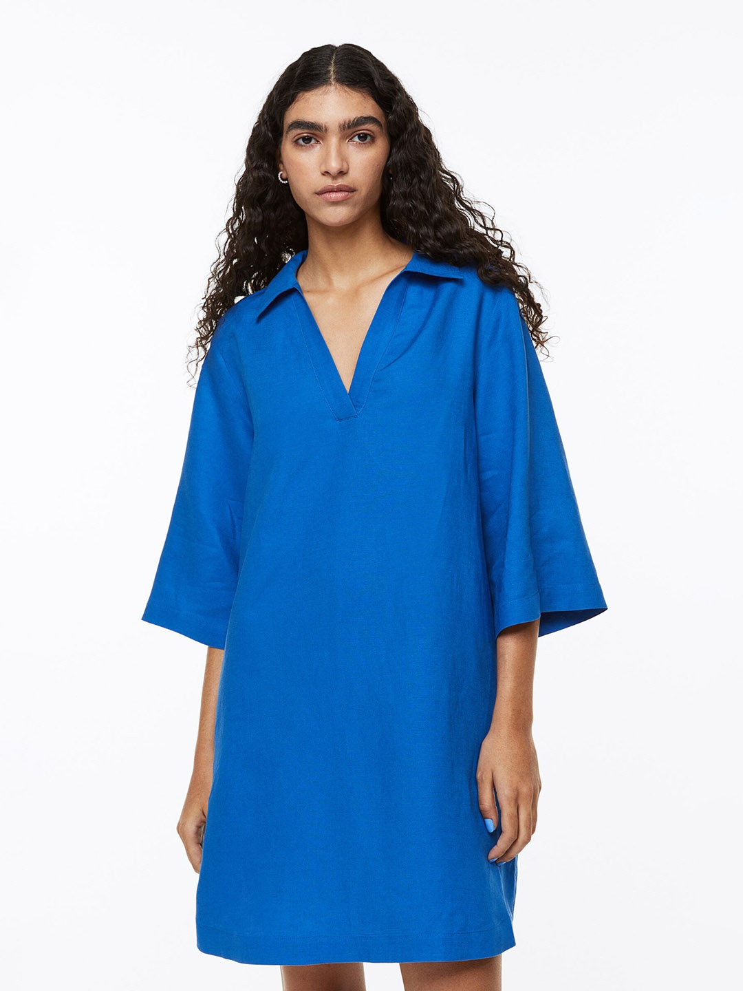 H&M Women Linen-Blend Collared Dress, Blue