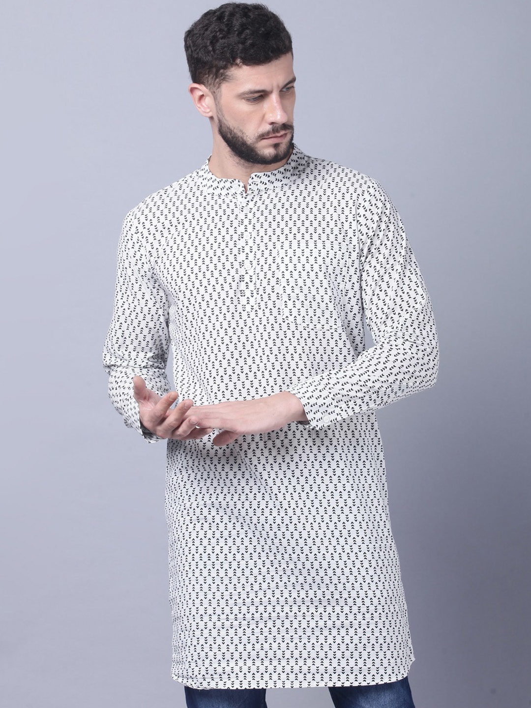 THE EG STORE Men Geometric Printed Cotton Kurta, White