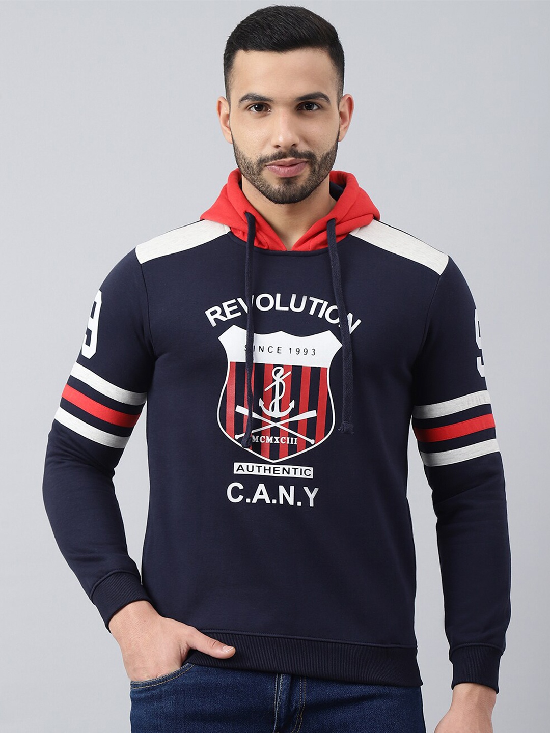 Richlook Men Printed Hooded Sweatshirt, Navy blue