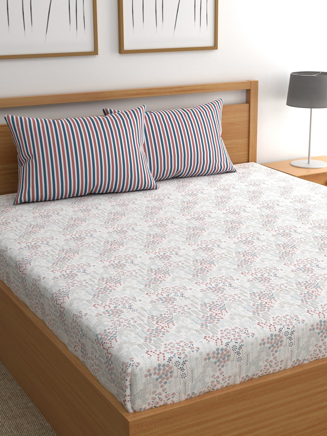 CHHAVI INDIA White & Blue Floral Ultra Soft 210 TC King Bedsheet with 2 Pillow Covers
CHHAVI INDIA White & Blue Floral Ultra Soft 210 TC King Bedsheet with 2 Pillow Covers