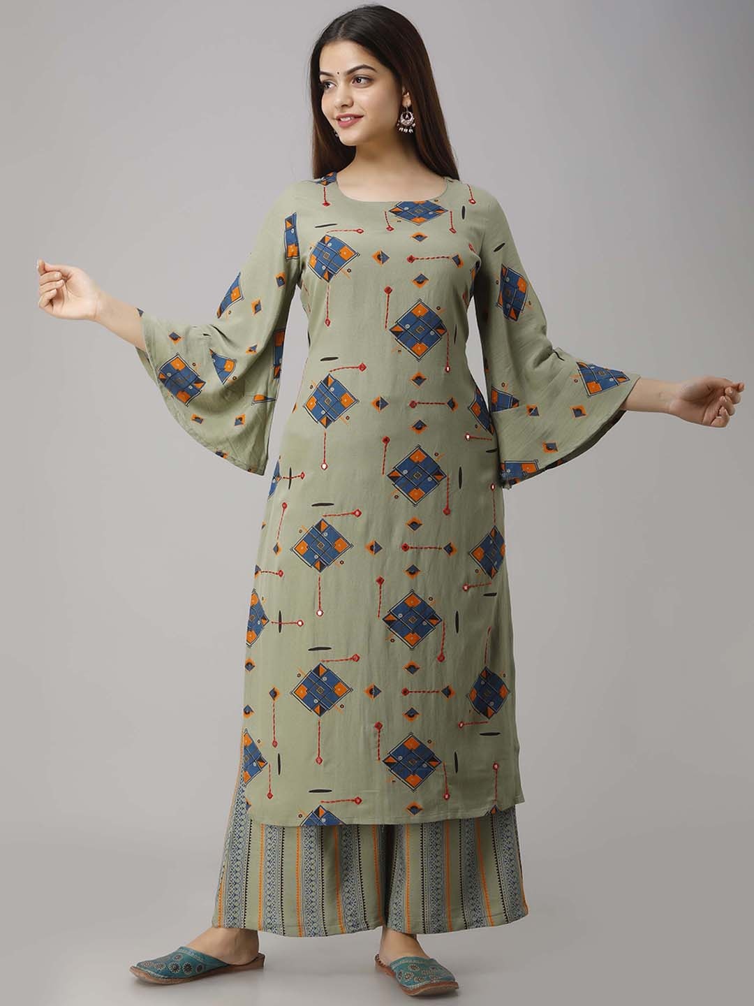 KALINI Women Printed Mirror Work Kurta with Palazzos, Green