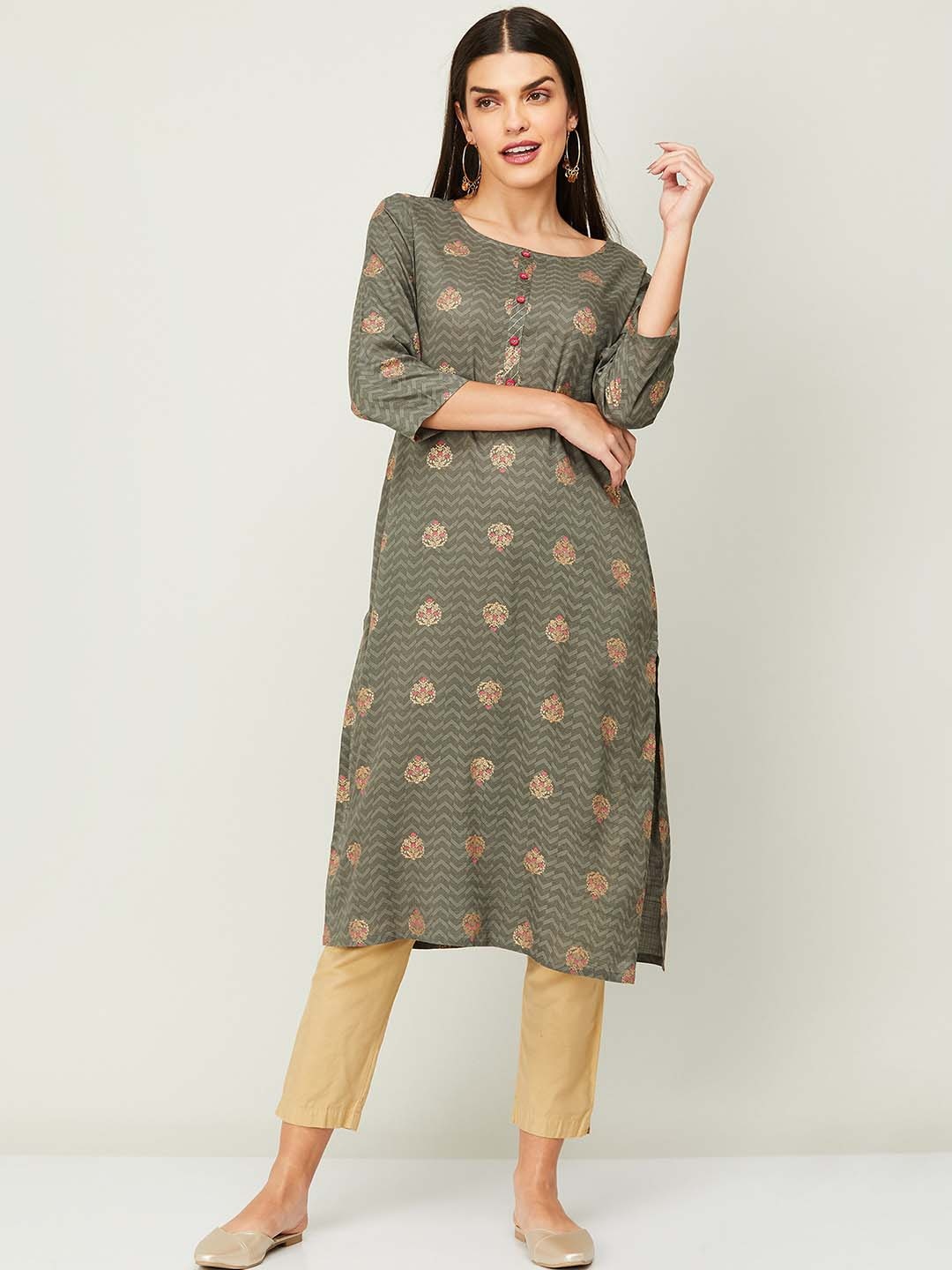 Melange by Lifestyle Round Neck Floral Printed Kurta, Olive