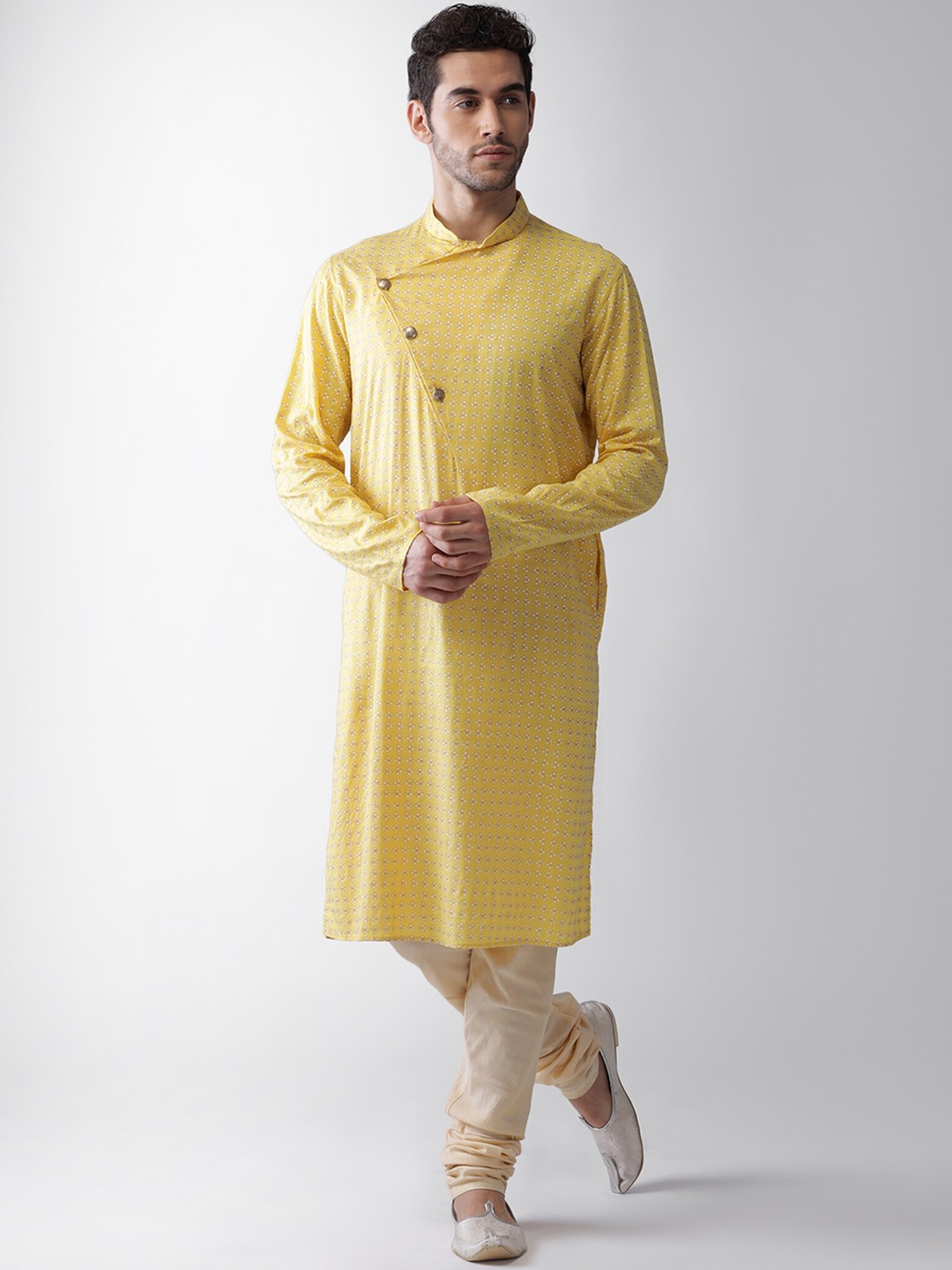 KISAH Floral Printed Mandarin Collar Angrakha Straight Kurta, Yellow