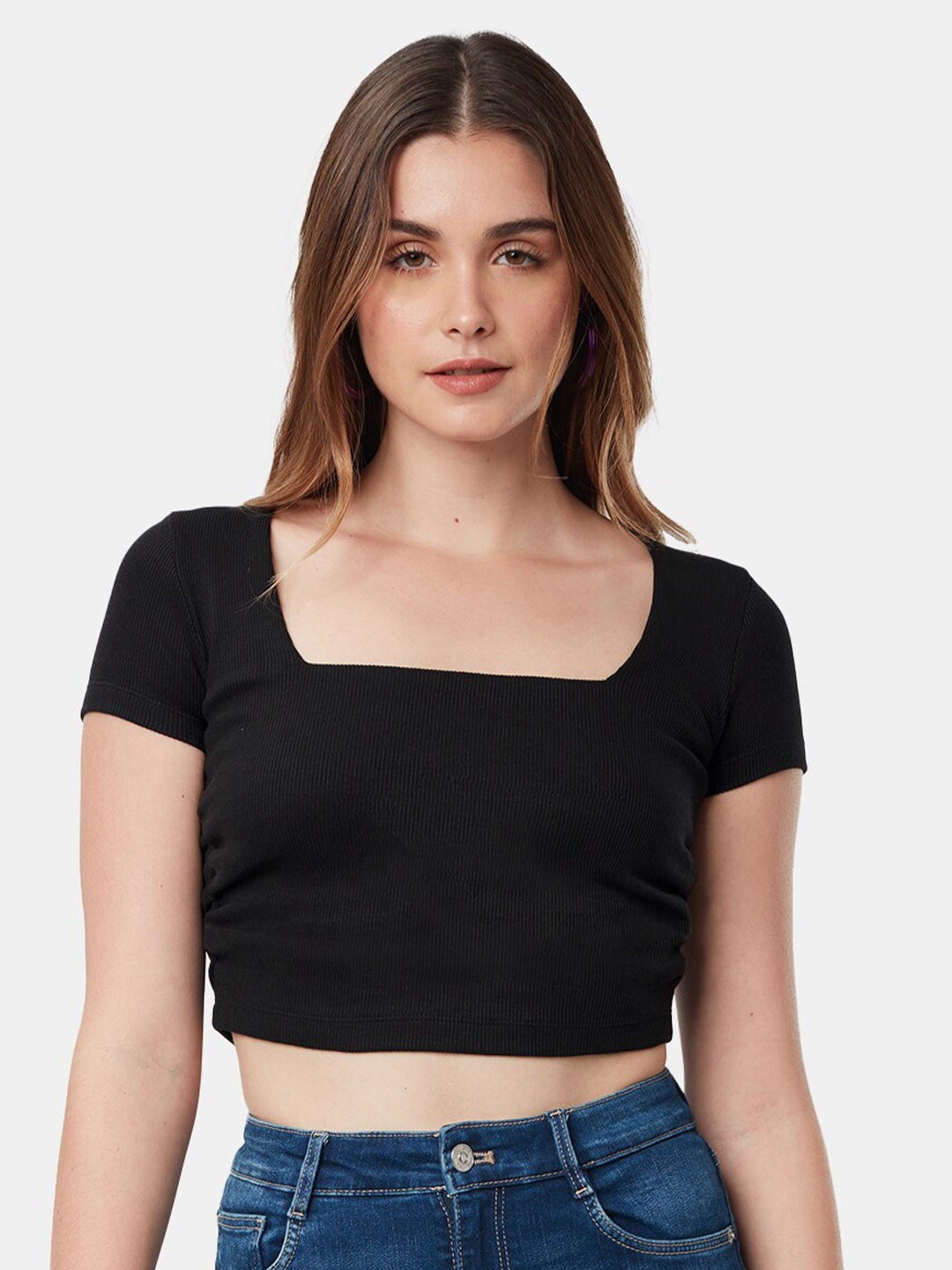 The Souled Store Women Slim Fit Cotton Cropped T-shirt, Black