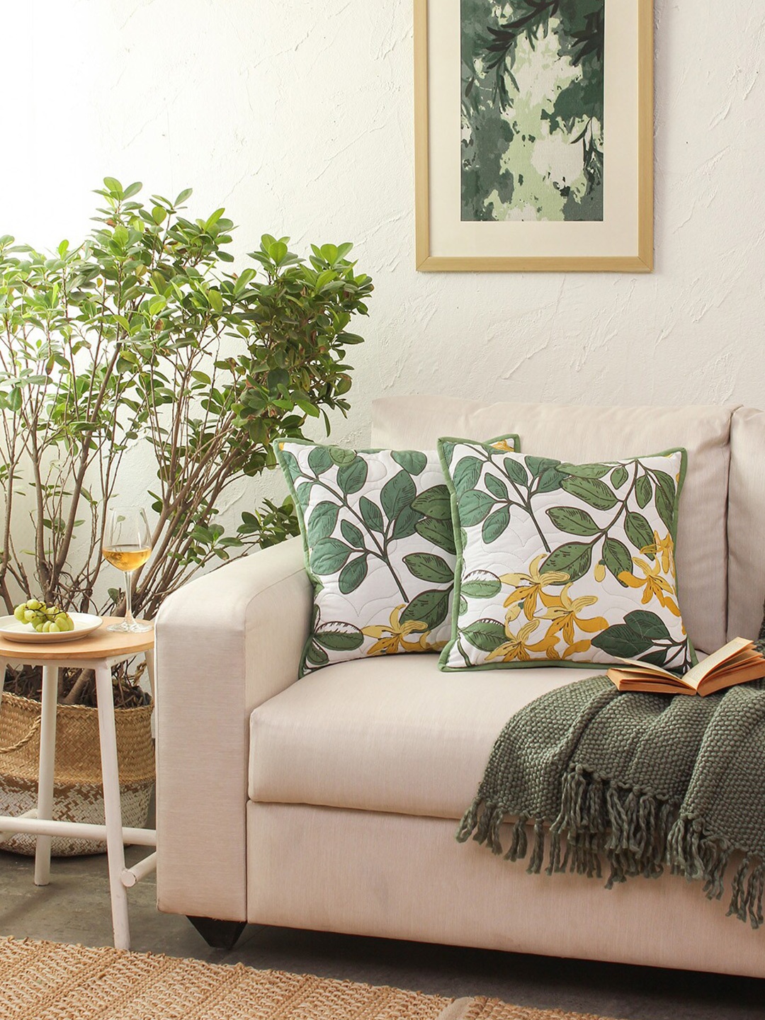House This Green & White Floral Pure Cotton Square Cushion Cover