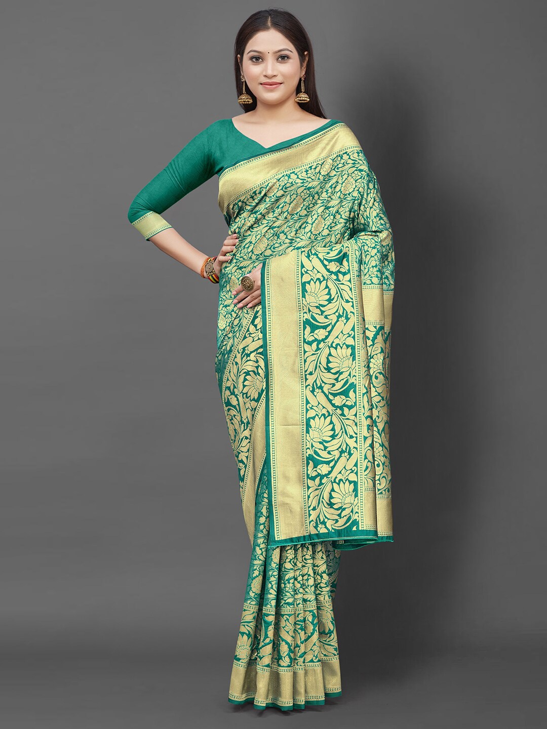 Mitera Woven Design Zari Banarasi Silk Blend Saree, Teal